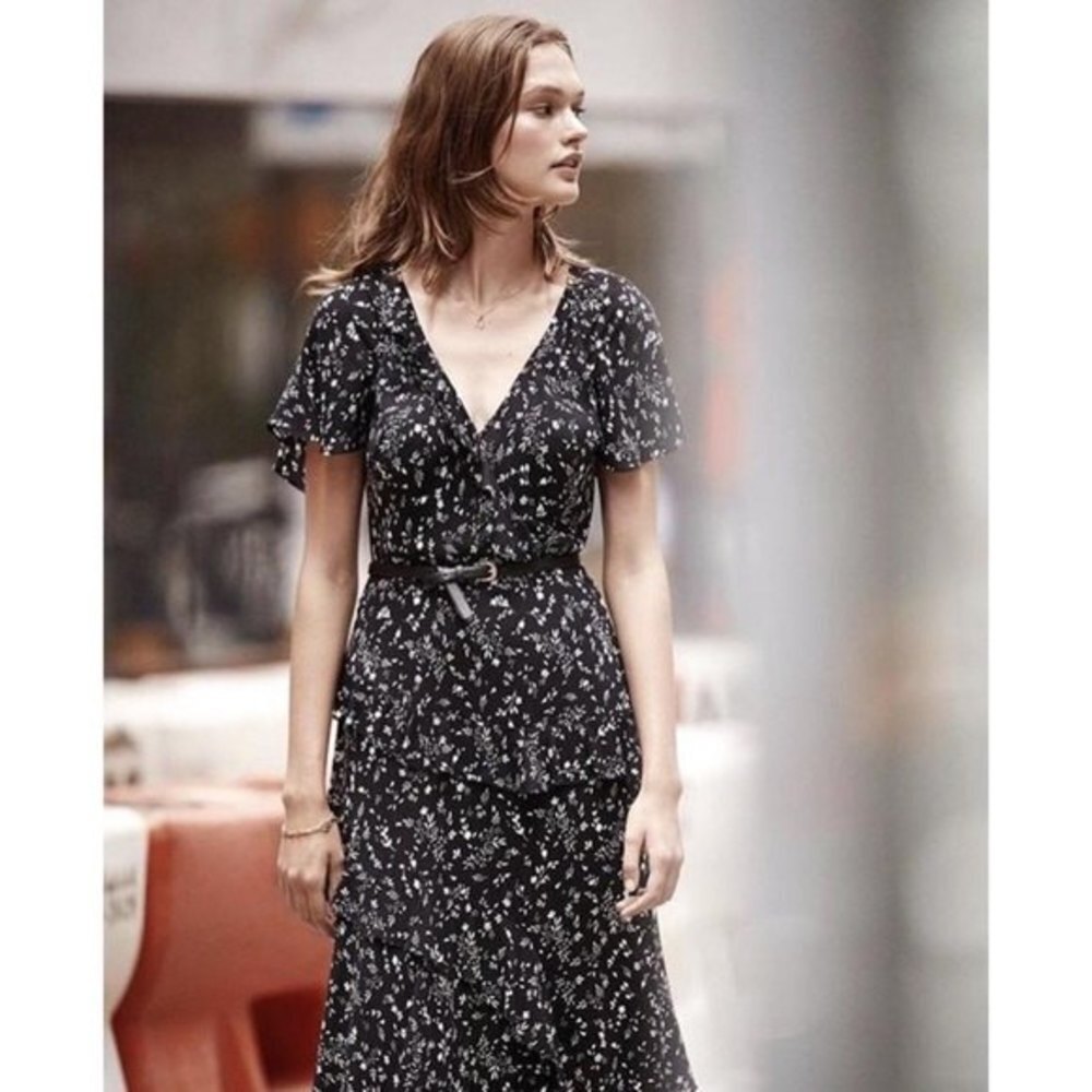 Joie Orita Ruffle Printed Dress in Caviar Black Floral, Size 6